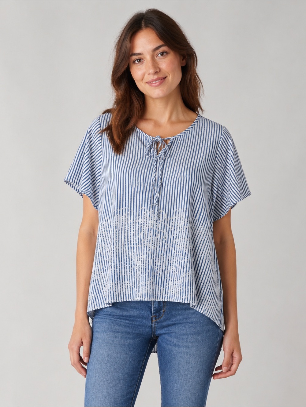 Blue Striped Tie-Neck Short Sleeve Tunic